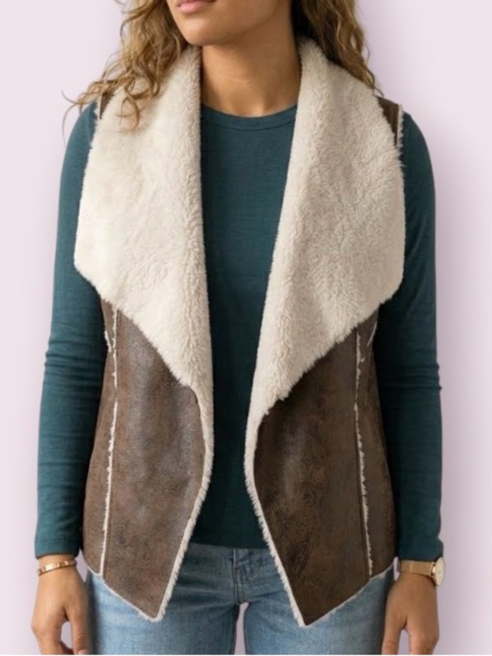 Blank NYC Faux Leather & Shearling Vest Vegan Soft Brown & Tan Size Medium